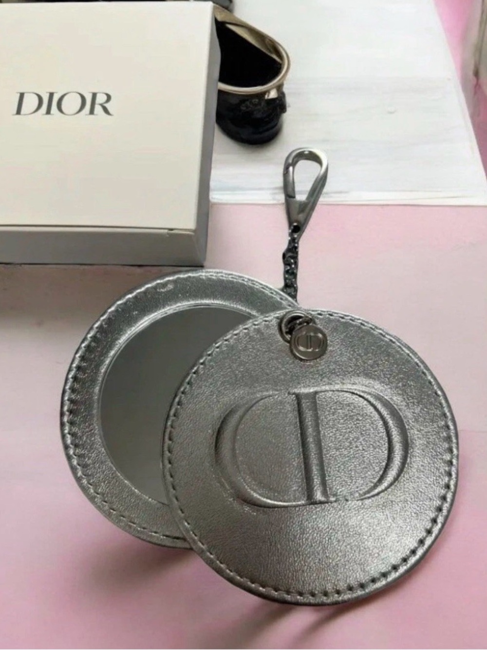 Dior CD Logo Charm Shiny Leather Silver Pocket mirror bag charm keychain GWP